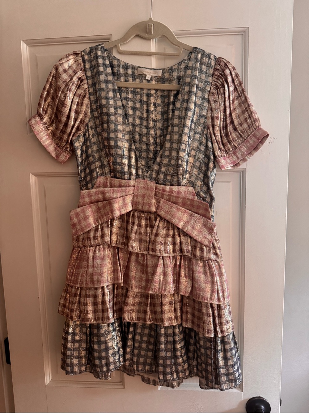LoveShackFancy Lucinda Metallic Plaid Tiered Bow Mini Dress - Picture 4 of 6